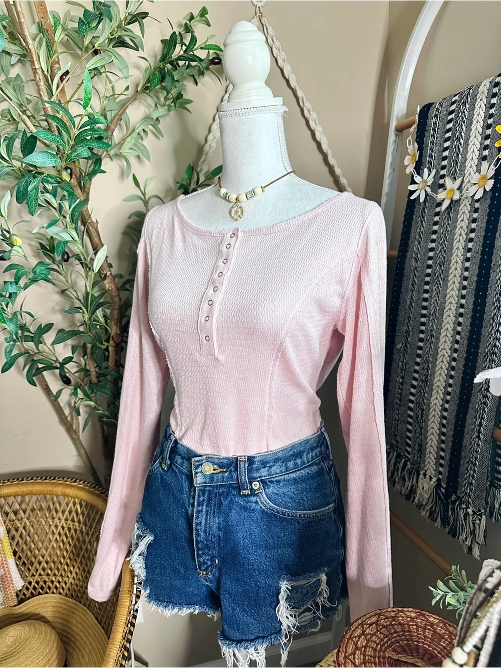 Free People We The Free Sloane Pink Henley Bodysuit NWT Thumbhole Top